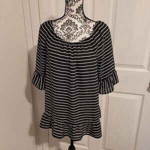 ELLE Womens Blouse Black White Stripe Short Sleeve Off Shoulder Ruched Ruffle